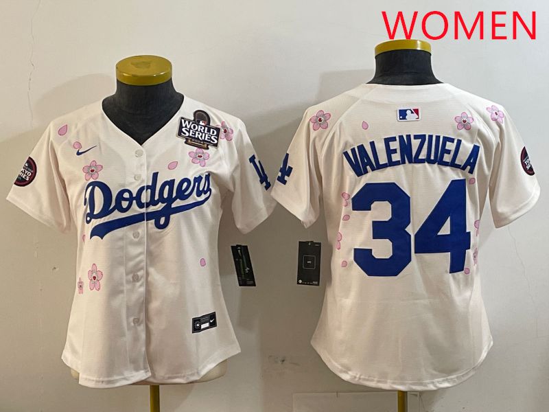 Women Los Angeles Dodgers #34 Valenzuela Cream Sakura Edition 2025 Nike MLB Jersey style 2